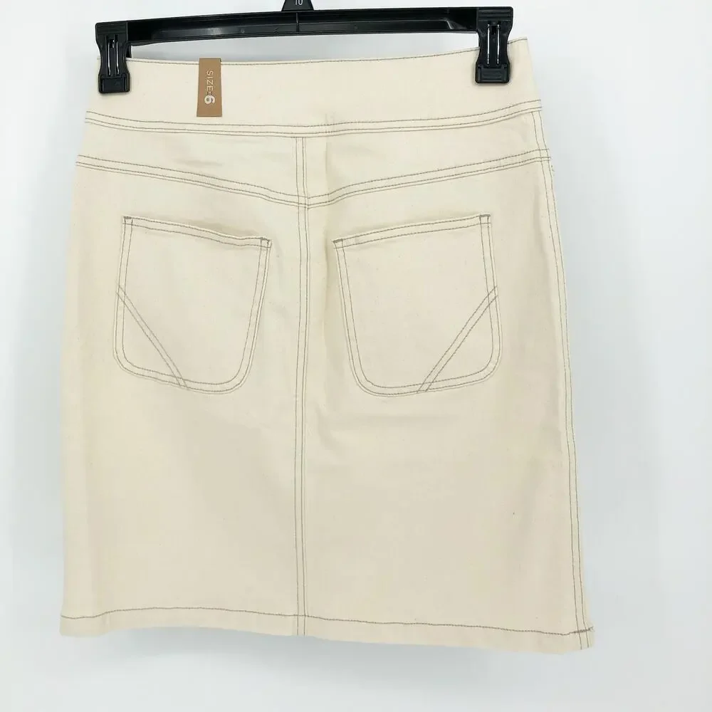 PRANA Womens Broadway Denim Skirt Size 8 Natural Cream Knee Length Stretch NWT
